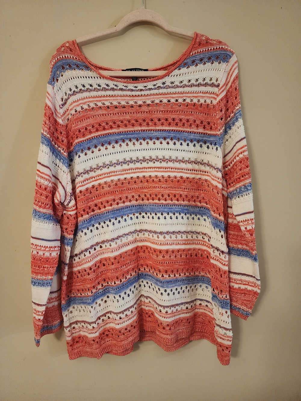 Open-Knit Scoop Neck Sweater in Coral, Blue & White